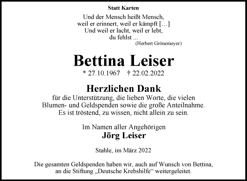  Traueranzeige für Bettina Leiser vom 26.03.2022 aus Westfalen-Blatt
