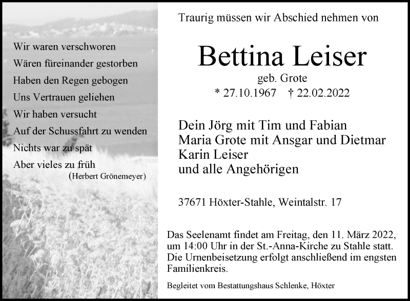  Traueranzeige für Bettina Leiser vom 05.03.2022 aus Westfalen-Blatt