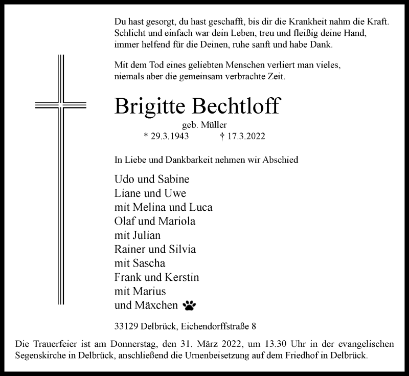  Traueranzeige für Brigitte Bechtloff vom 23.03.2022 aus Westfalen-Blatt