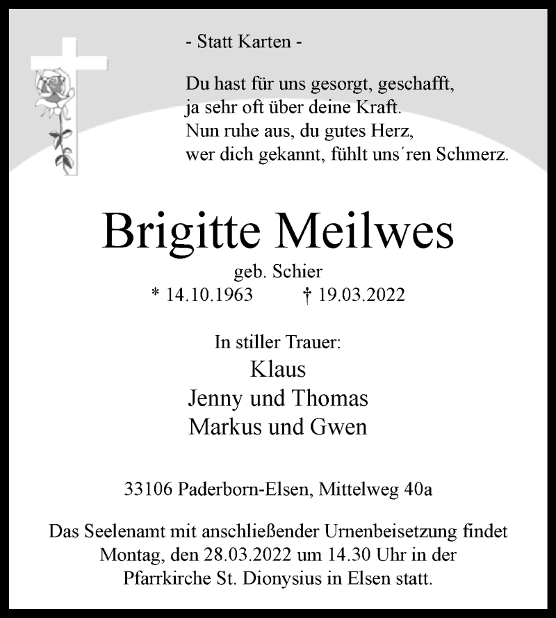  Traueranzeige für Brigitte Meilwes vom 23.03.2022 aus Westfalen-Blatt