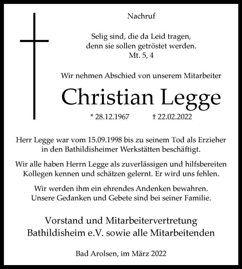  Traueranzeige für Christian Legge vom 05.03.2022 aus Westfalen-Blatt