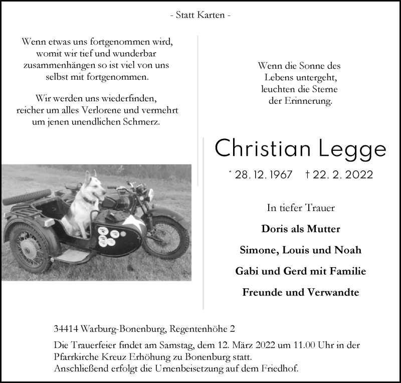  Traueranzeige für Christian Legge vom 05.03.2022 aus Westfalen-Blatt
