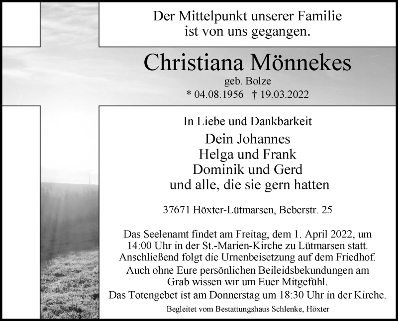  Traueranzeige für Christiana Mönnekes vom 26.03.2022 aus Westfalen-Blatt