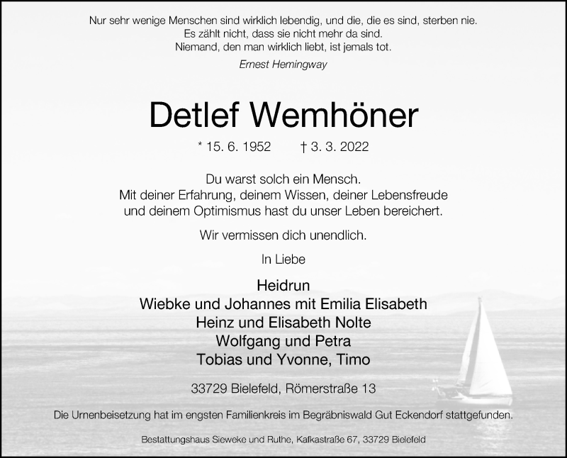  Traueranzeige für Detlef Wemhöner vom 16.03.2022 aus Westfalen-Blatt