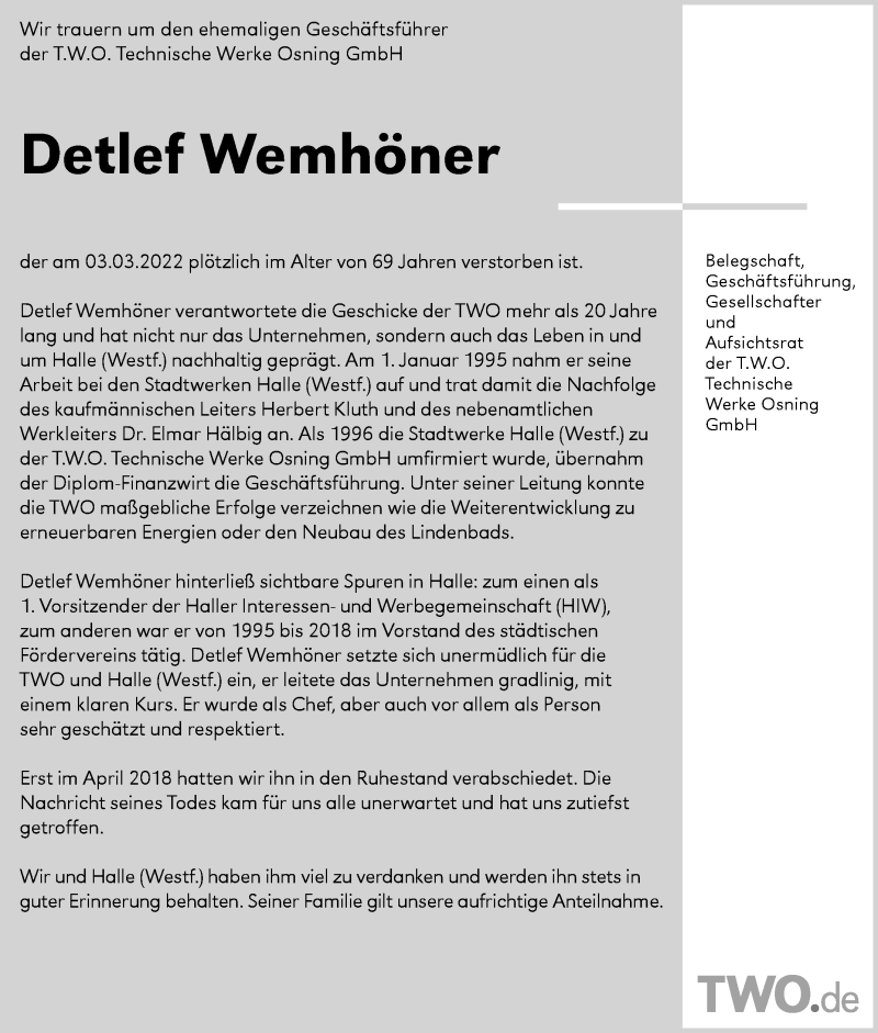  Traueranzeige für Detlef Wemhöner vom 19.03.2022 aus Westfalen-Blatt