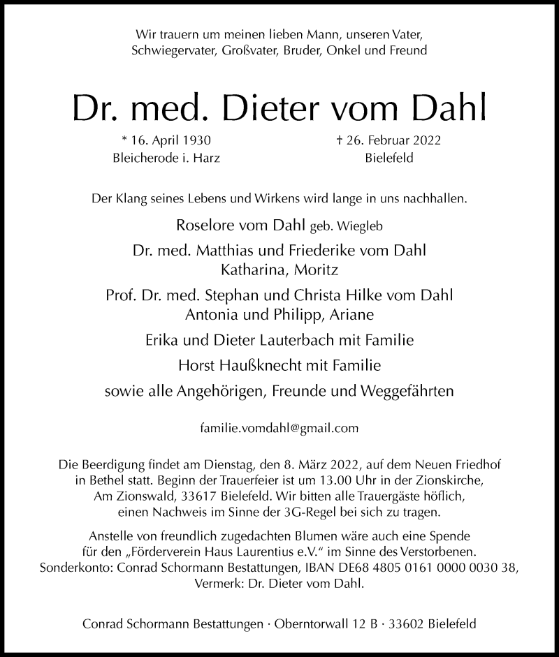  Traueranzeige für Dieter vom Dahl vom 05.03.2022 aus Westfalen-Blatt