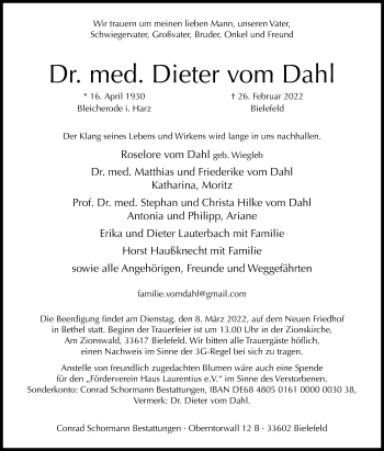 Traueranzeige von Dieter vom Dahl von Westfalen-Blatt