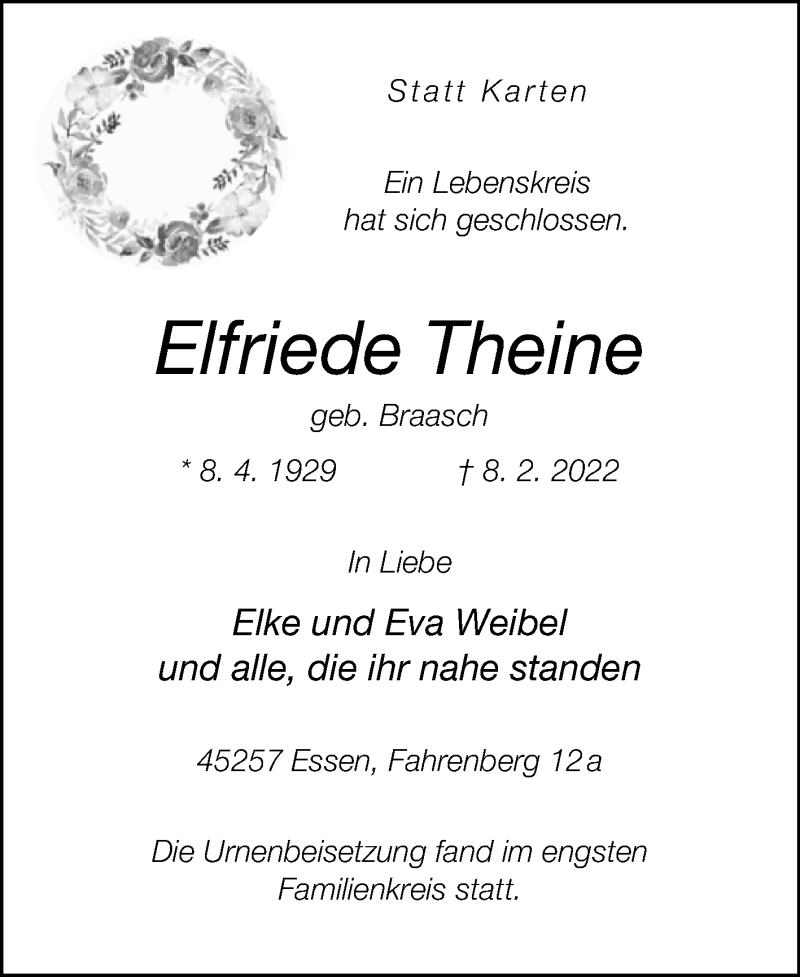  Traueranzeige für Elfriede Theine vom 02.03.2022 aus Westfalen-Blatt