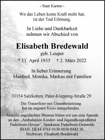 Traueranzeige von Elisabeth Bredewald von Westfalen-Blatt