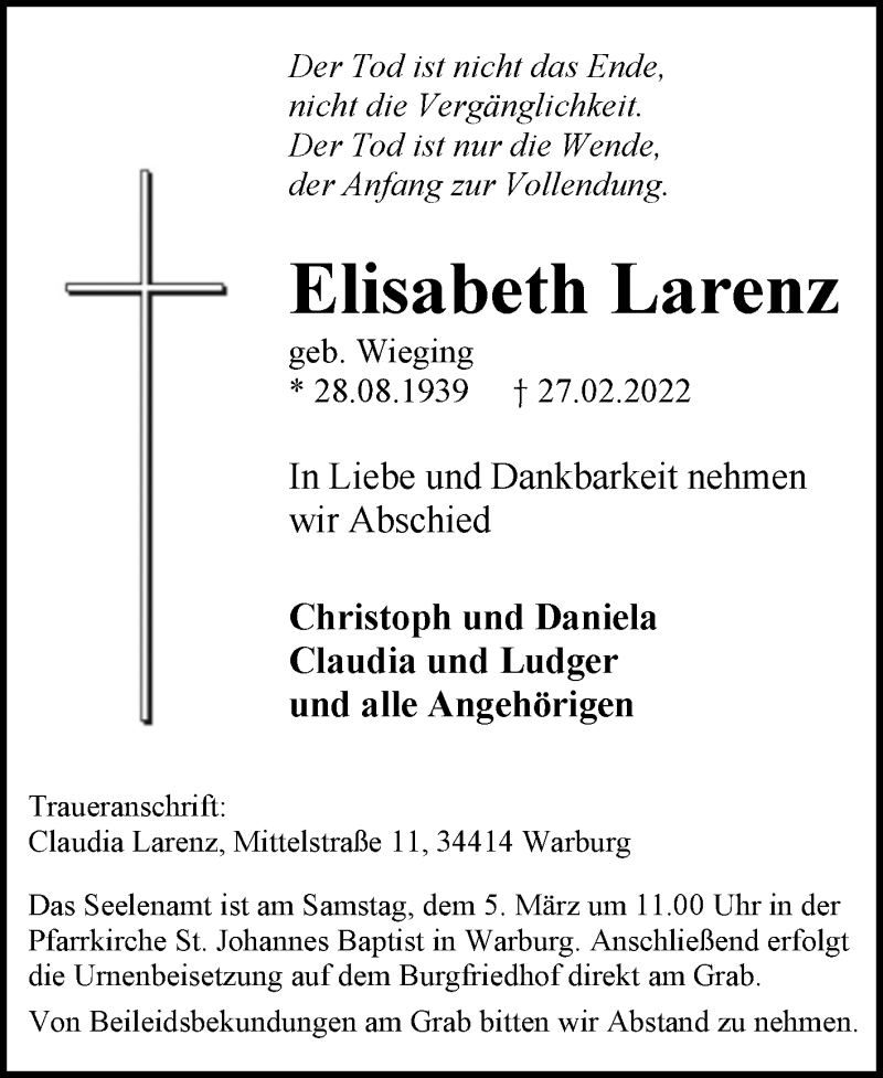  Traueranzeige für Elisabeth Larenz vom 02.03.2022 aus Westfalen-Blatt