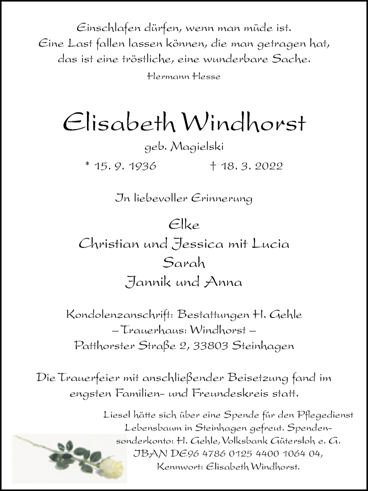  Traueranzeige für Elisabeth Windhorst vom 26.03.2022 aus Westfalen-Blatt