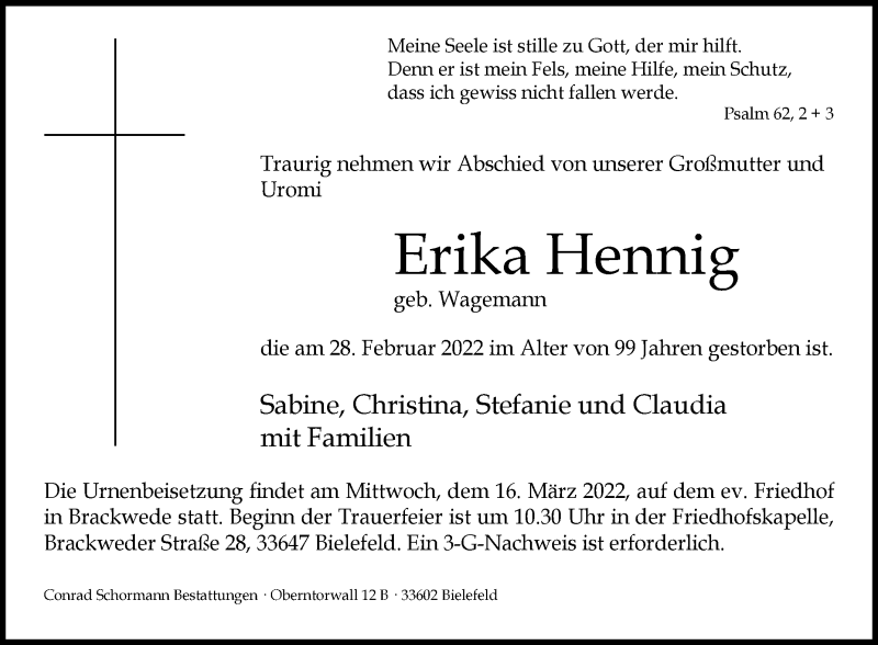  Traueranzeige für Erika Hennig vom 05.03.2022 aus Westfalen-Blatt