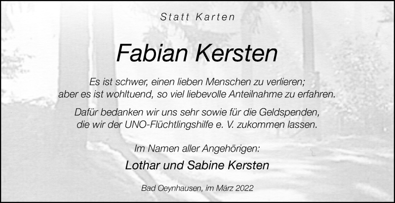  Traueranzeige für Fabian Kersten vom 26.03.2022 aus Westfalen-Blatt