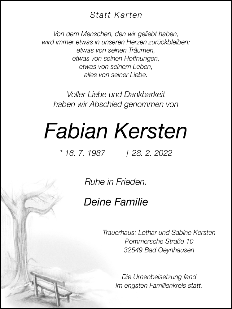  Traueranzeige für Fabian Kersten vom 12.03.2022 aus Westfalen-Blatt
