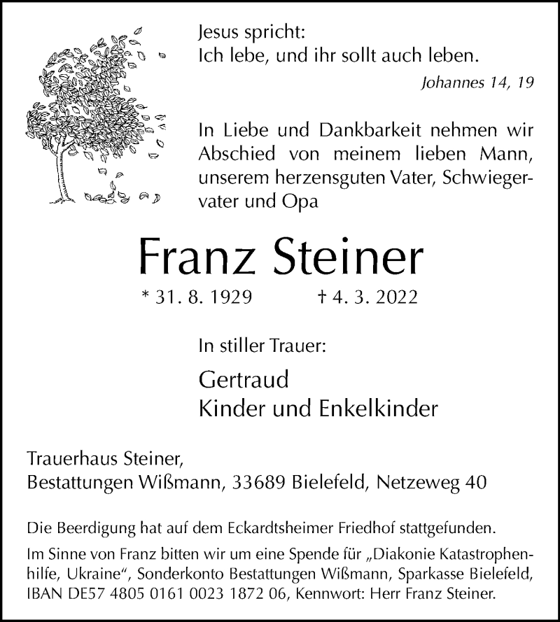 Traueranzeige für Franz Steiner vom 12.03.2022 aus Westfalen-Blatt