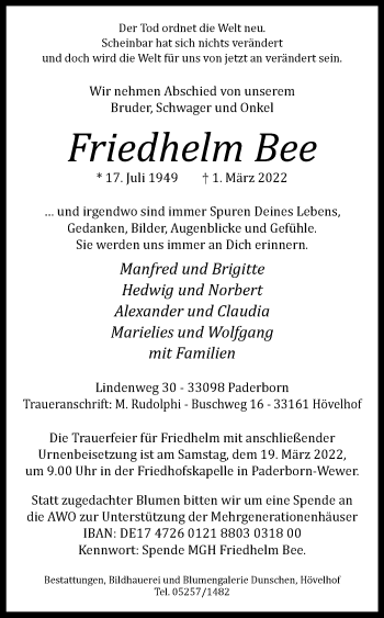 Traueranzeige von Friedhelm Bee von Westfalen-Blatt