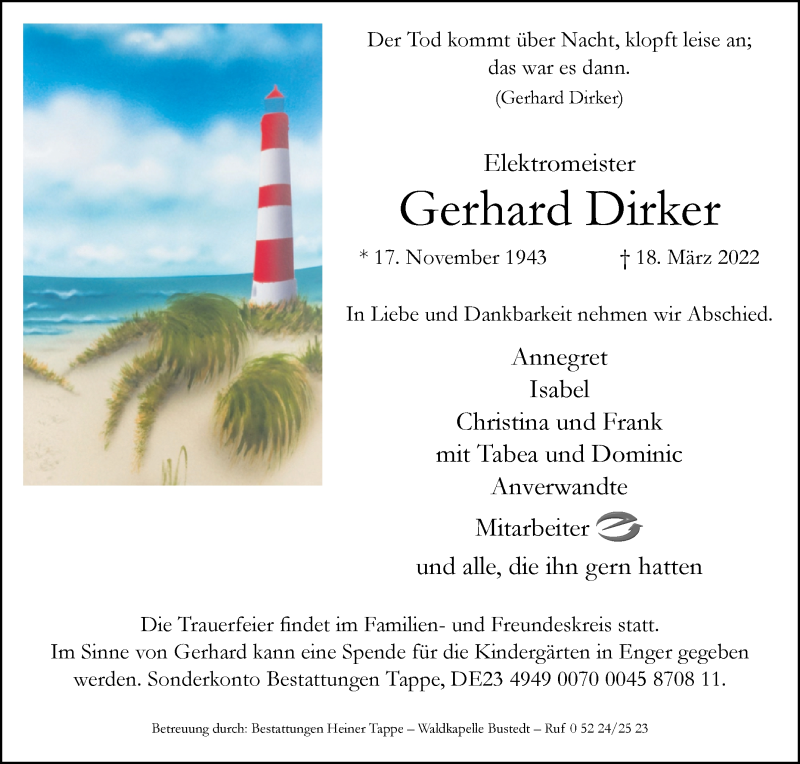  Traueranzeige für Gerhard Dirker vom 22.03.2022 aus Westfalen-Blatt