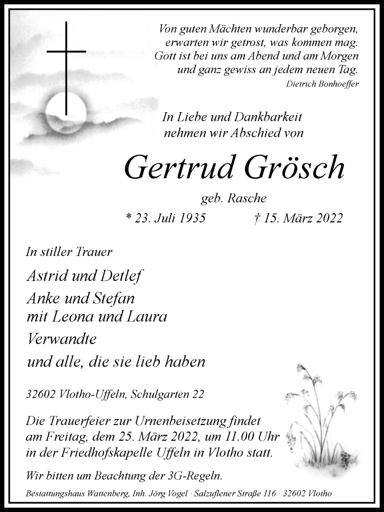  Traueranzeige für Gertrud Grösch vom 19.03.2022 aus Westfalen-Blatt
