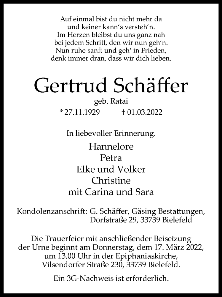  Traueranzeige für Gertrud Schäffer vom 05.03.2022 aus Westfalen-Blatt