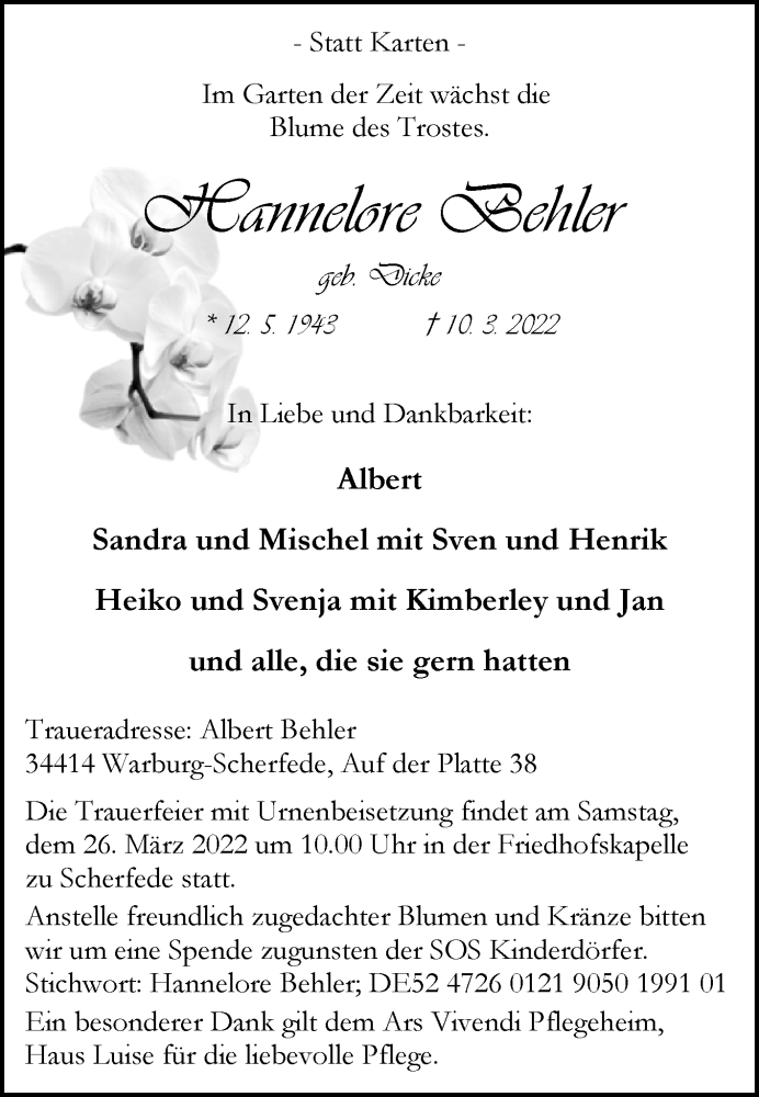  Traueranzeige für Hannelore Behler vom 19.03.2022 aus Westfalen-Blatt