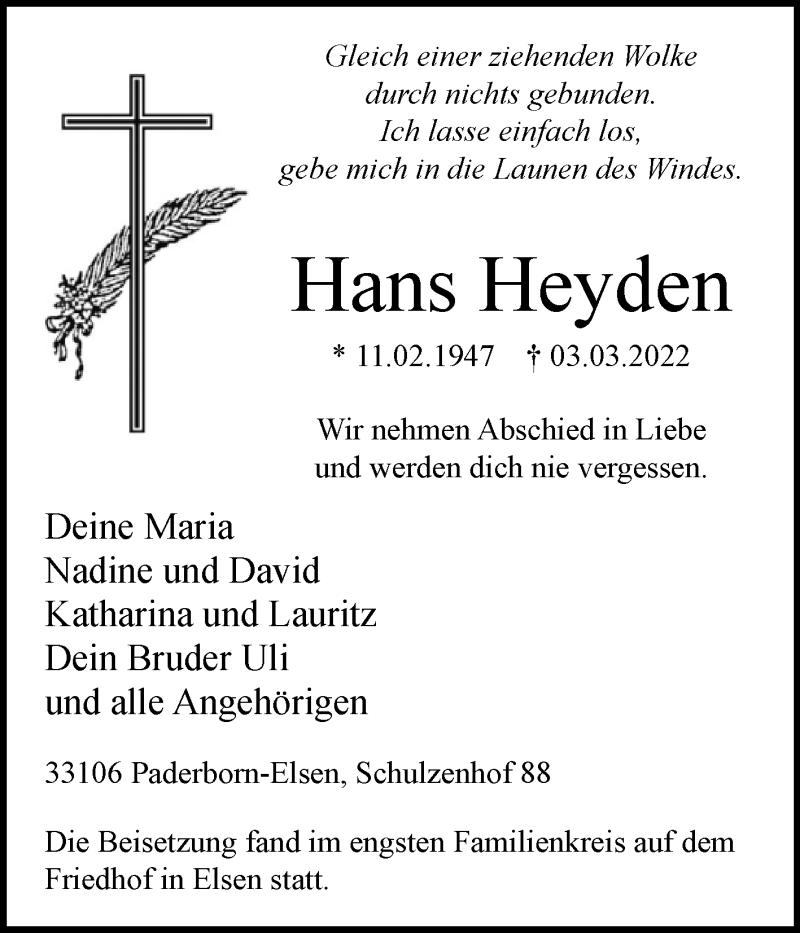  Traueranzeige für Hans Heyden vom 19.03.2022 aus Westfalen-Blatt
