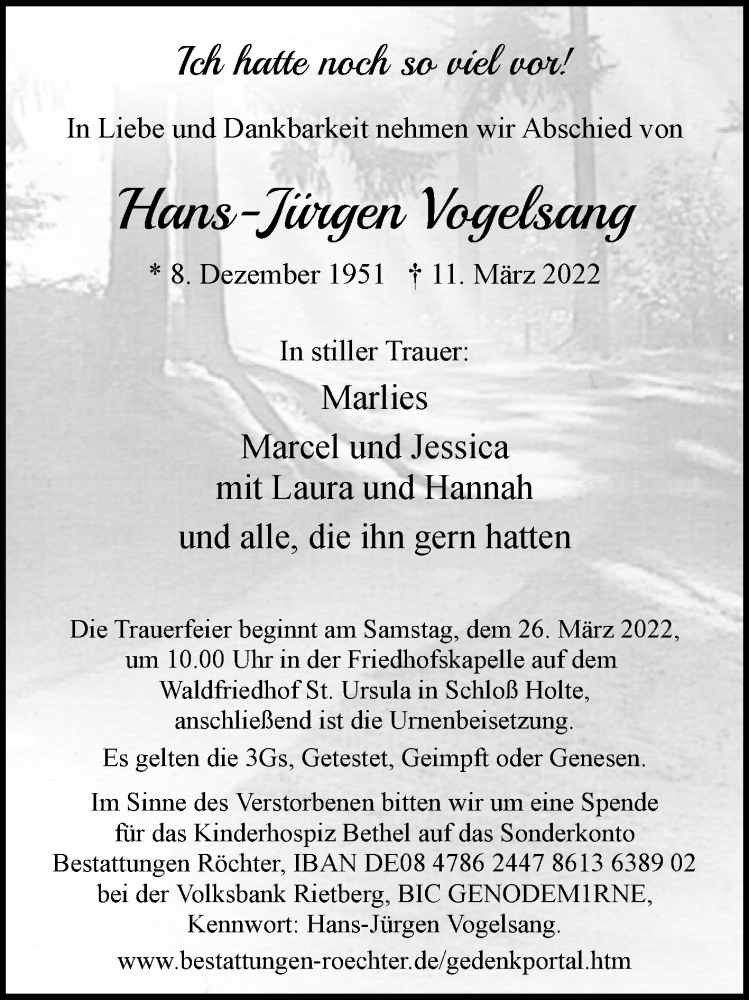  Traueranzeige für Hans-Jürgen Vogelsang vom 19.03.2022 aus Westfalen-Blatt