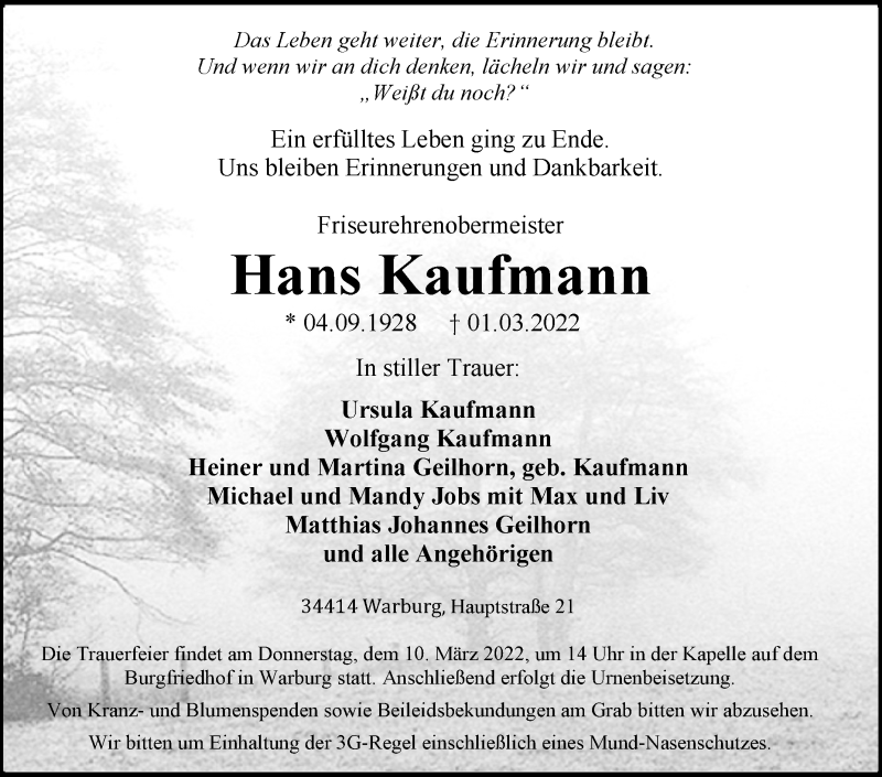  Traueranzeige für Hans Kaufmann vom 07.03.2022 aus Westfalen-Blatt