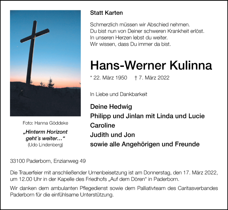  Traueranzeige für Hans-Werner Kulinna vom 12.03.2022 aus Westfalen-Blatt