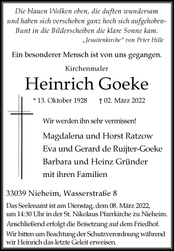 Traueranzeige von Heinrich Goeke von Westfalen-Blatt