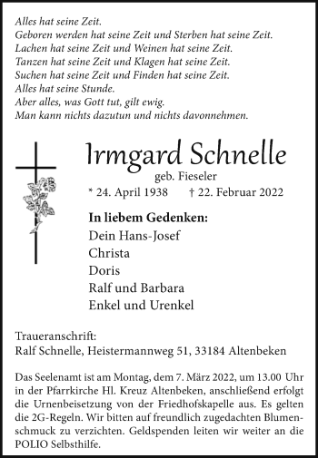 Traueranzeige von Irmgard Schnelle von Westfalen-Blatt