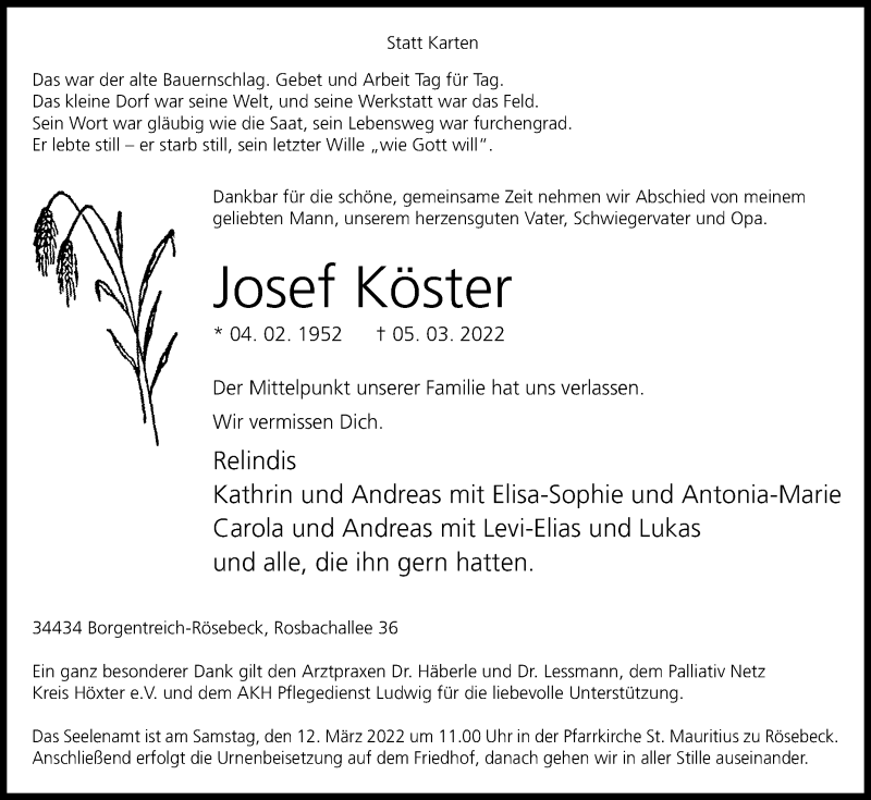  Traueranzeige für Josef Köster vom 09.03.2022 aus Westfalen-Blatt