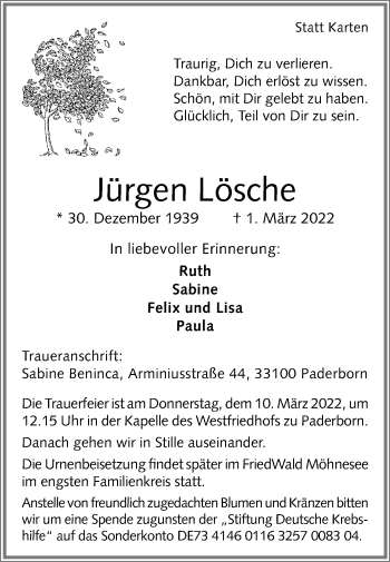 Traueranzeige von Jürgen Lösche von Westfalen-Blatt