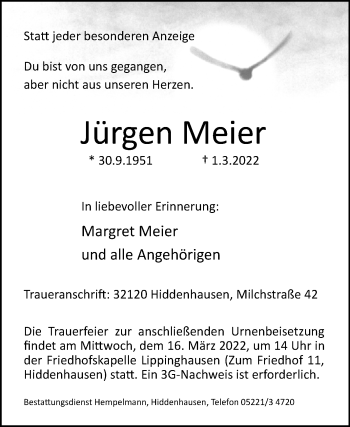 Traueranzeige von Jürgen Meier von Westfalen-Blatt