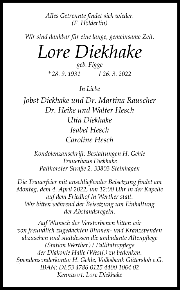  Traueranzeige für Lore Diekhake vom 30.03.2022 aus Westfalen-Blatt