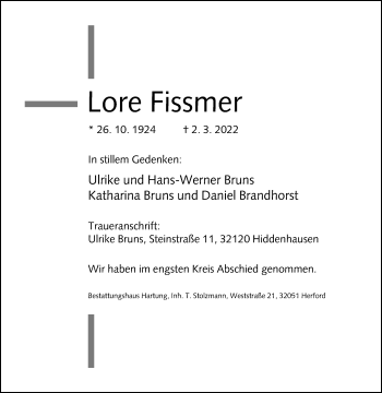 Traueranzeige von Lore Fissmer von Westfalen-Blatt