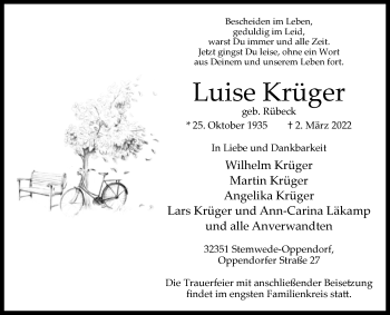 Traueranzeige von Luise Krüger von Westfalen-Blatt
