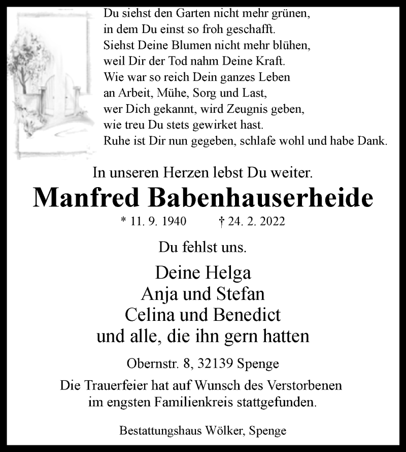  Traueranzeige für Manfred Babenhauserheide vom 12.03.2022 aus Westfalen-Blatt