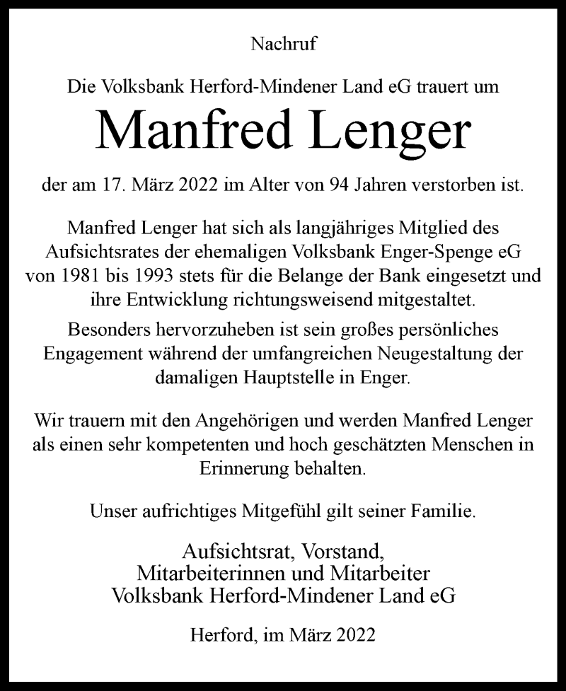  Traueranzeige für Manfred Heinrich Lenger vom 26.03.2022 aus Westfalen-Blatt