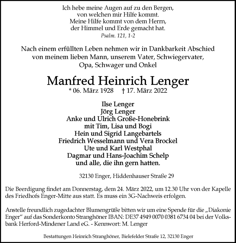  Traueranzeige für Manfred Heinrich Lenger vom 22.03.2022 aus Westfalen-Blatt