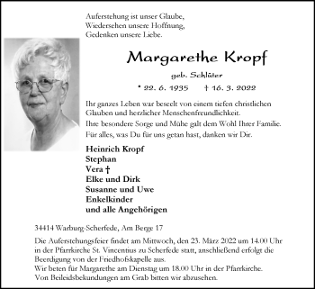 Traueranzeige von Margarethe Kropf von Westfalen-Blatt