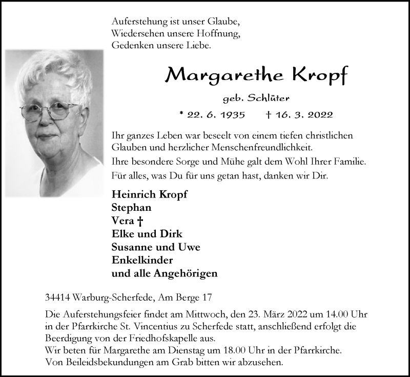  Traueranzeige für Margarethe Kropf vom 19.03.2022 aus Westfalen-Blatt