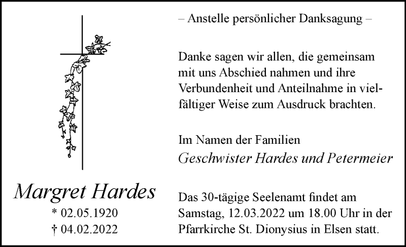 Traueranzeige für Margret Hardes vom 05.03.2022 aus Westfalen-Blatt