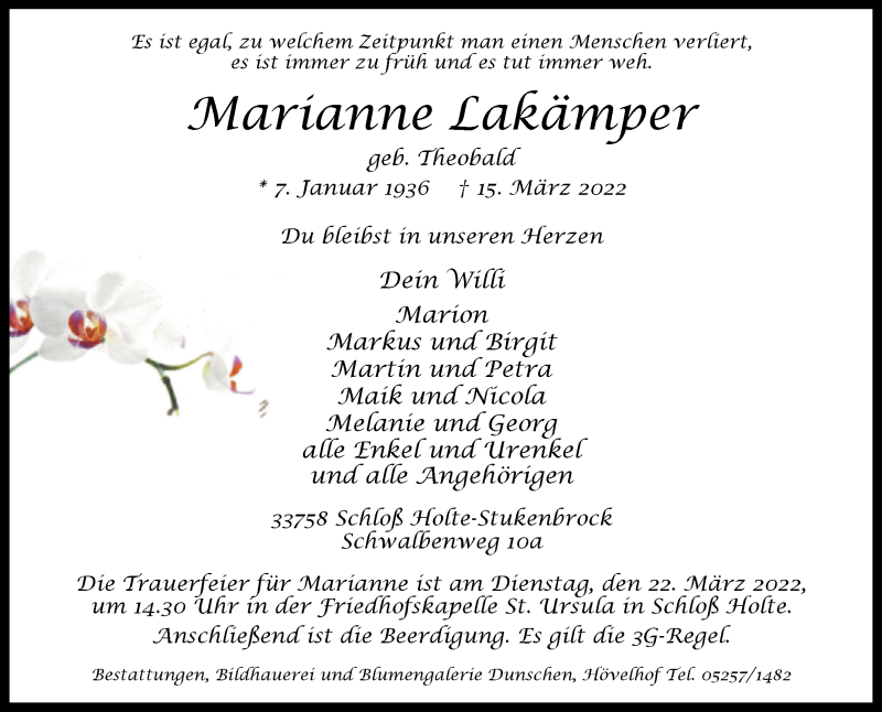  Traueranzeige für Marianne Lakämper vom 19.03.2022 aus Westfalen-Blatt