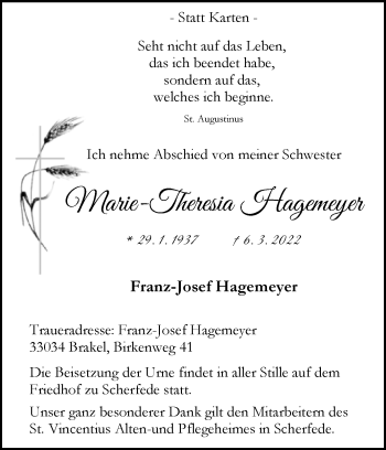 Traueranzeige von Marie-Theresia Hagemeyer von Westfalen-Blatt