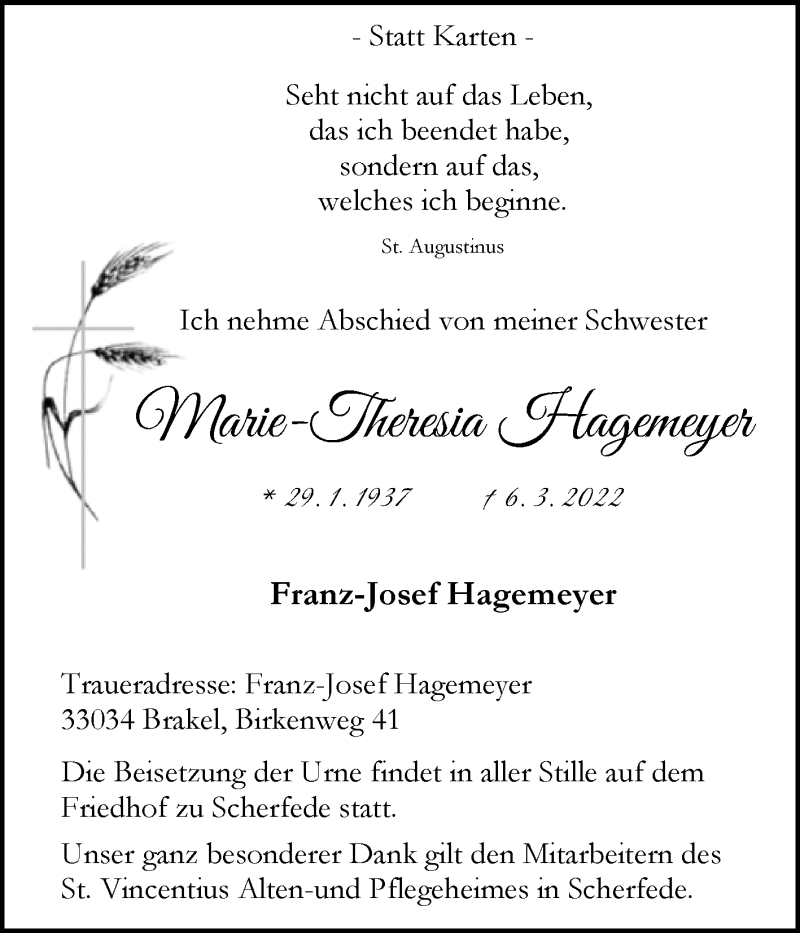  Traueranzeige für Marie-Theresia Hagemeyer vom 12.03.2022 aus Westfalen-Blatt