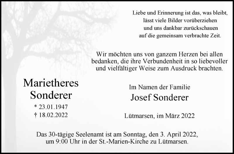  Traueranzeige für Marietheres Sonderer vom 26.03.2022 aus Westfalen-Blatt