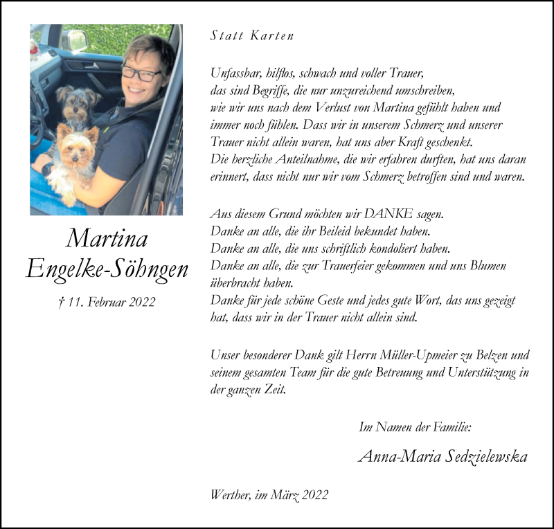  Traueranzeige für Martina Engelke-Söhngen vom 11.03.2022 aus Westfalen-Blatt