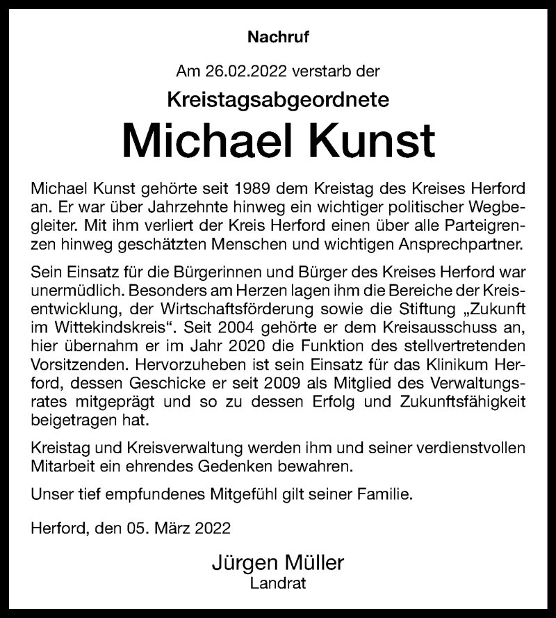  Traueranzeige für Michael Kunst vom 05.03.2022 aus Westfalen-Blatt