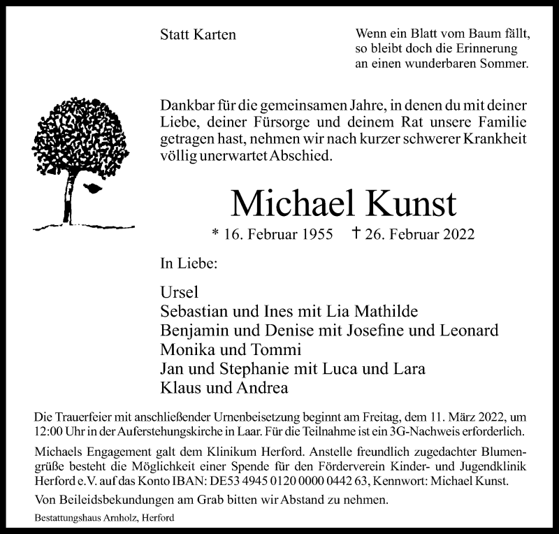  Traueranzeige für Michael Kunst vom 05.03.2022 aus Westfalen-Blatt