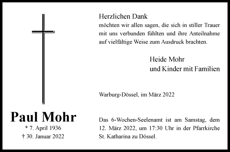  Traueranzeige für Paul Mohr vom 05.03.2022 aus Westfalen-Blatt